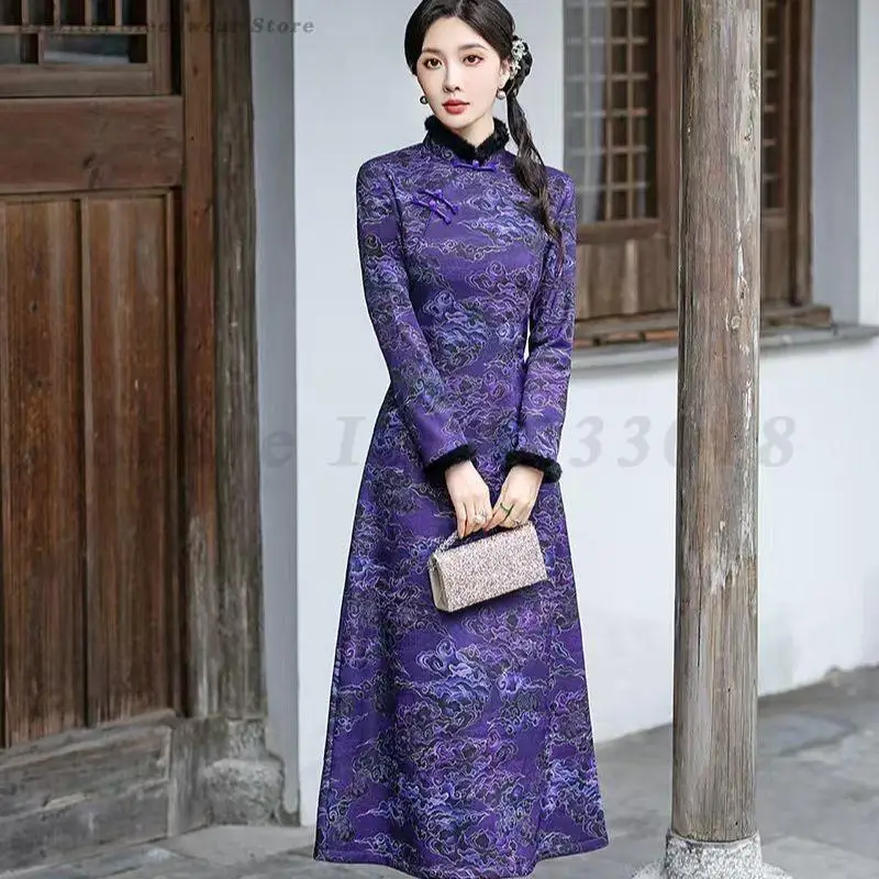 Print Flower Mandarin Fur Collar Ao Dai Qipao Dress Improved Temperament Cheongsam Autumn Winter Thickened Oriental Party Gown