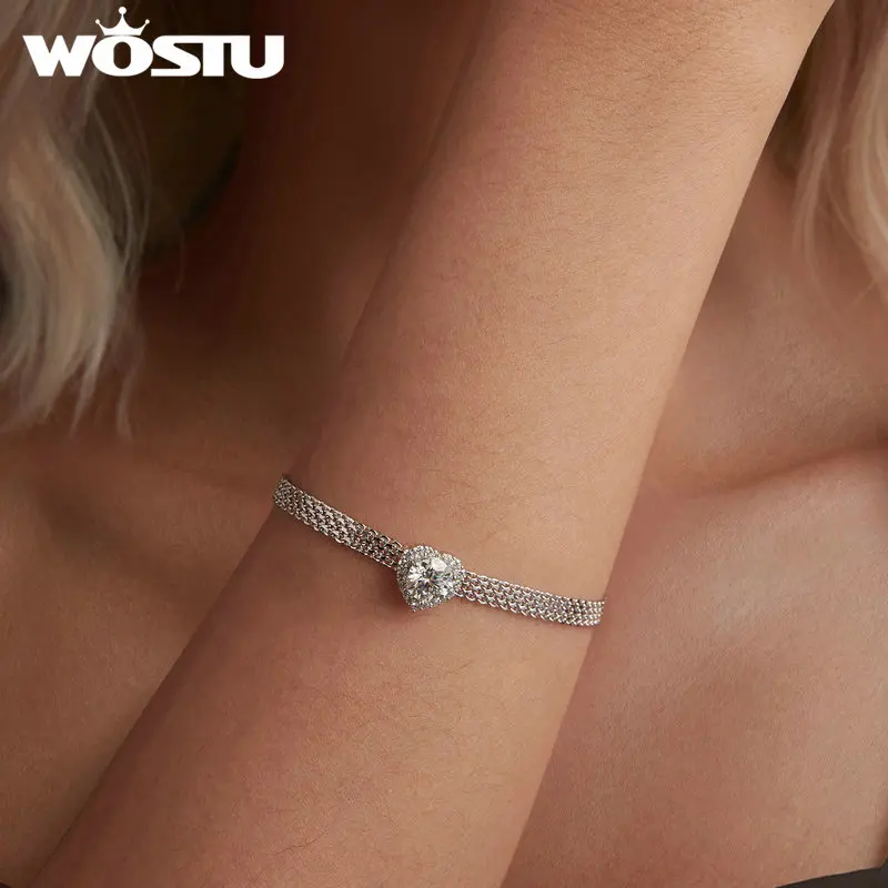 سوار على شكل قلب مويسانيتي متألق للنساء ، فضي إسترليني ، ماس معملي ، وصلات سلسلة مسطحة نجمة ، 1 قيراط #3