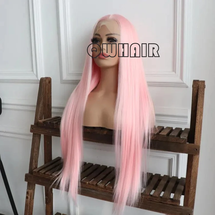 QW Synthetic Hair Pink Color Straight Soft 13X4 Lace Front Wig For Women Hair Heat Resistant Fiber Cosplay  Daily