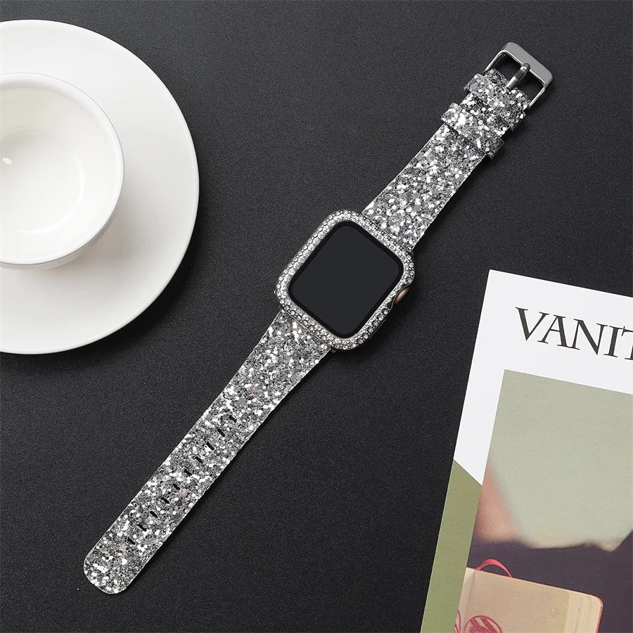 

Glitter Bling Band for Apple Watch ultra 49mm 38mm 40/41mm 42mm 44mm 41mm 45mm Shiny Leather Strap IWatch Series 8 7 6 5 4 3 SE