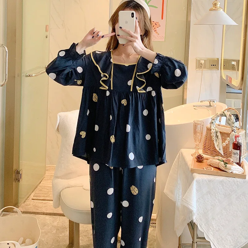 School Pajamas Set Cotton Silk Long Sleeves Fashion Nightdress Sleepwear Women Pijama