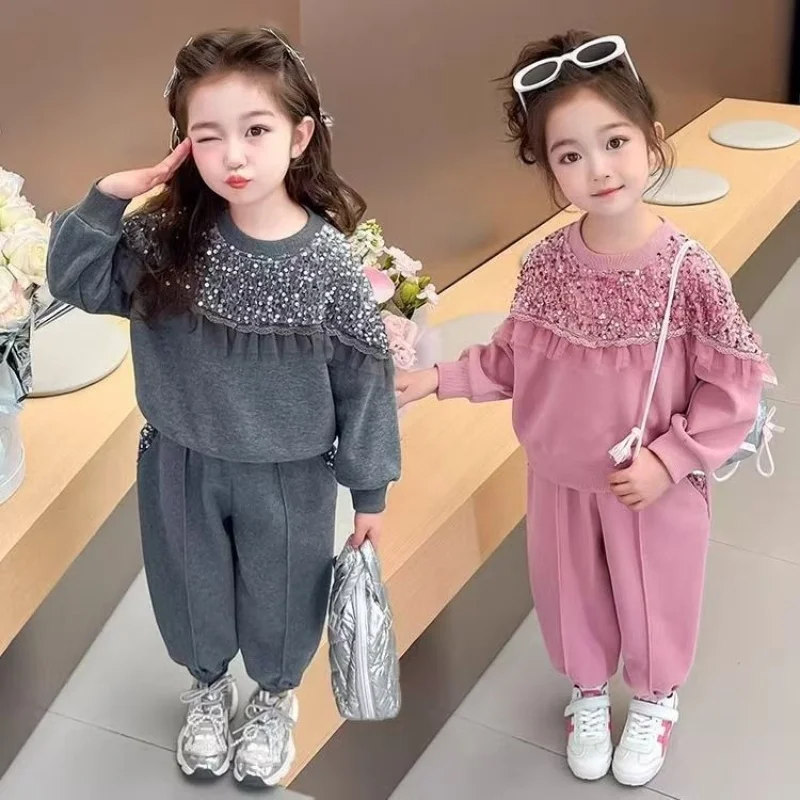

Casual Korean Style Girls Set Mesh Sequin Sweatshirt Fashionable Long Pants Two Piece Suit Spring Autumn New Arrival Kids Clothe