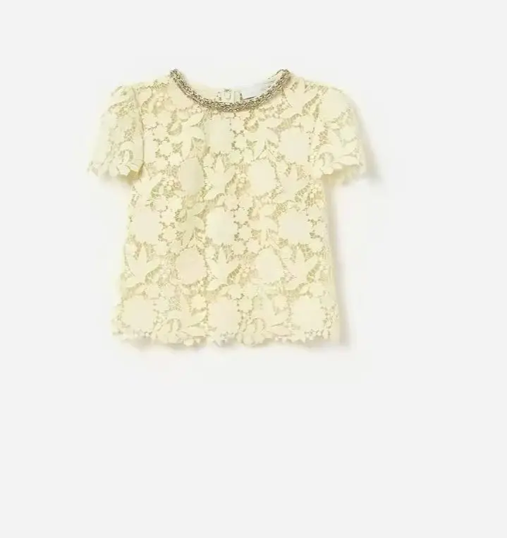Rhinestone Decoration Women's Lace Embroidery Yellow T-Shirt Slightly Transparent  O-Neck Short Sleeve Fashion Tee Tops