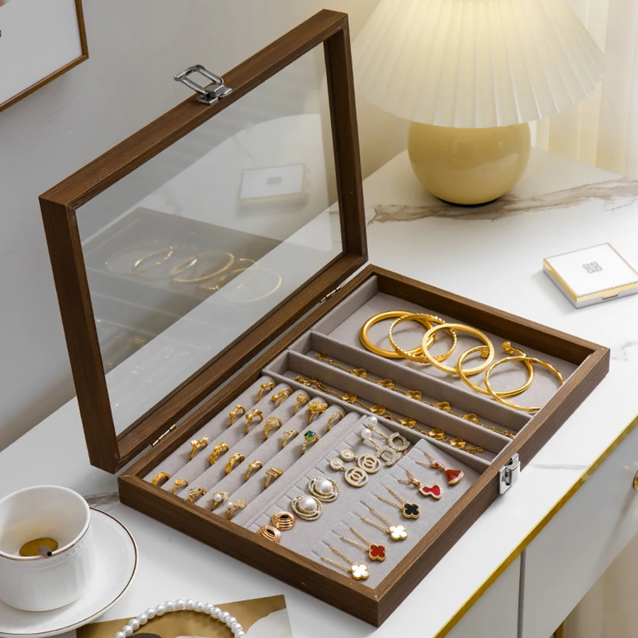 

Для винтажной деревянной коробки-органайзера для ювелирных изделий — пылезащитная витрина для колец, ожерелий, сережек и браслетов — многоцелевой Stor