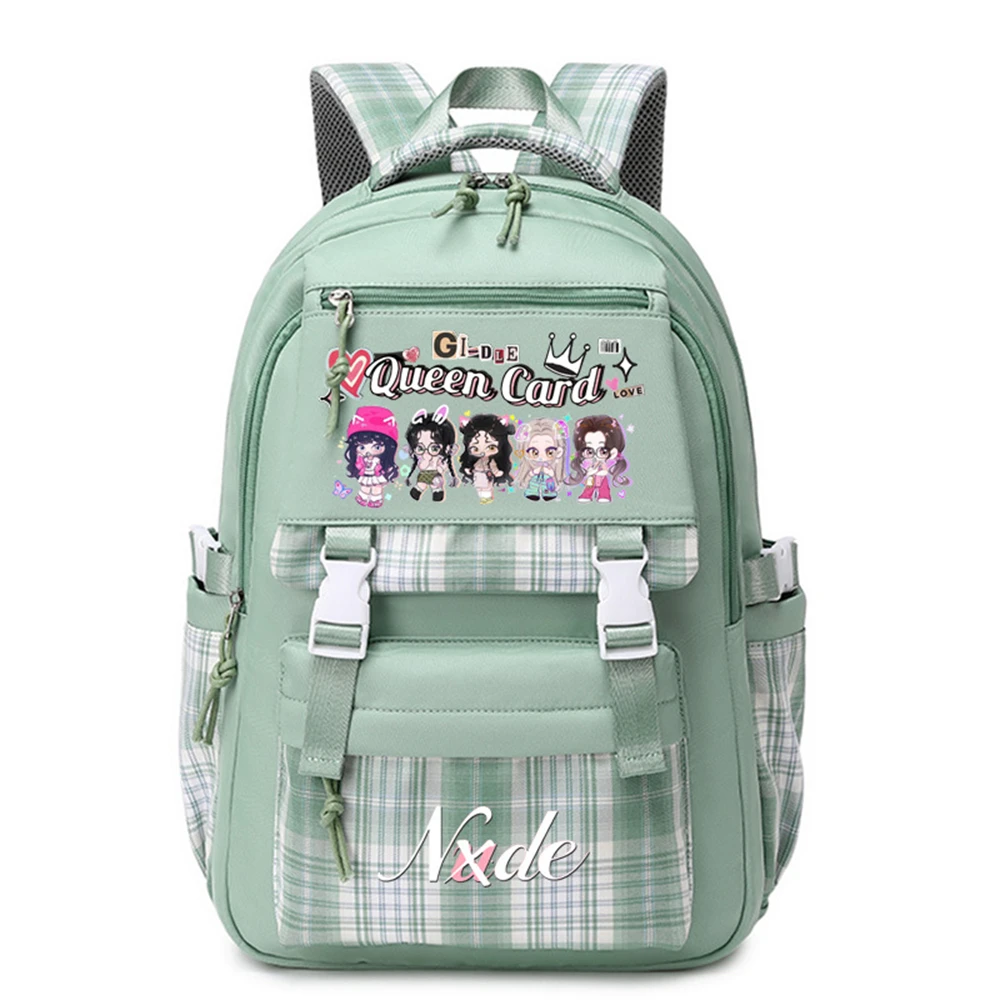 I-DLE-Mochila de gran capacidad para ordenador portátil, morral escolar con diseño de cuadrícula, suministros para estudiantes, Minnie, I lOVE