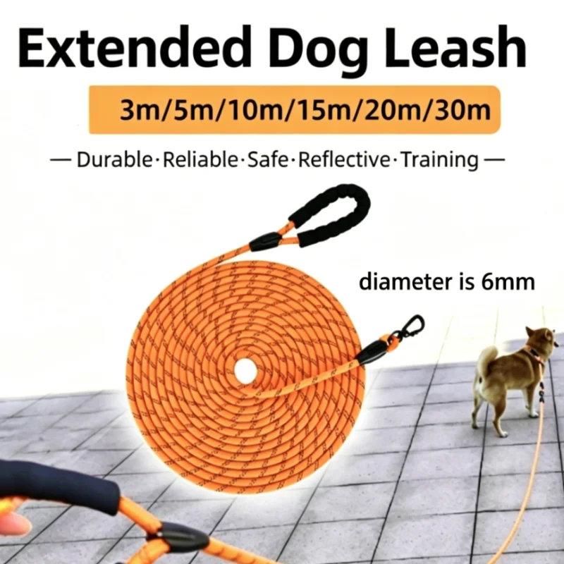 Soft Padded Reflective Long Dog Leash 3M/5M/10M/15M/30M Multiple Lengths Comfortable Handle for Small to Large Dogs