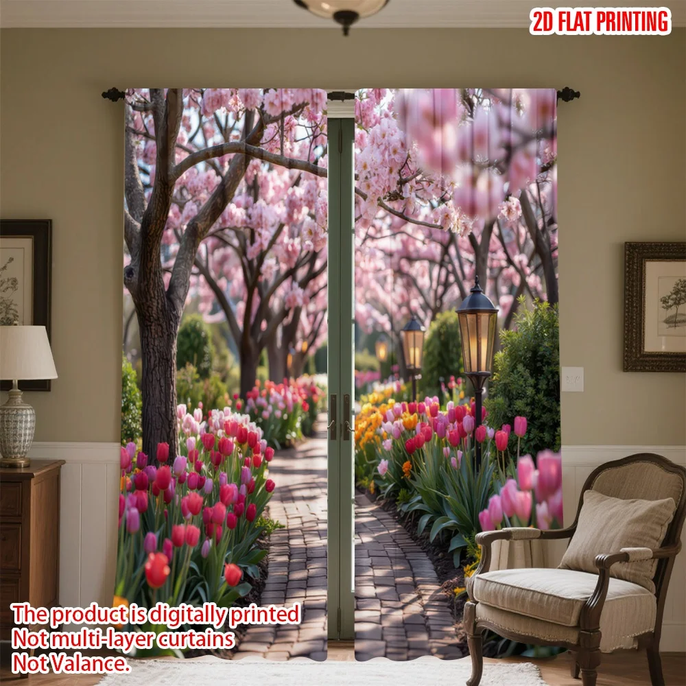 

2D flat printing 2pcs Scene Curtain Spring Garden Path Digital Printed Polyester Drapes Seasonal Party & Holiday Decor for Photo