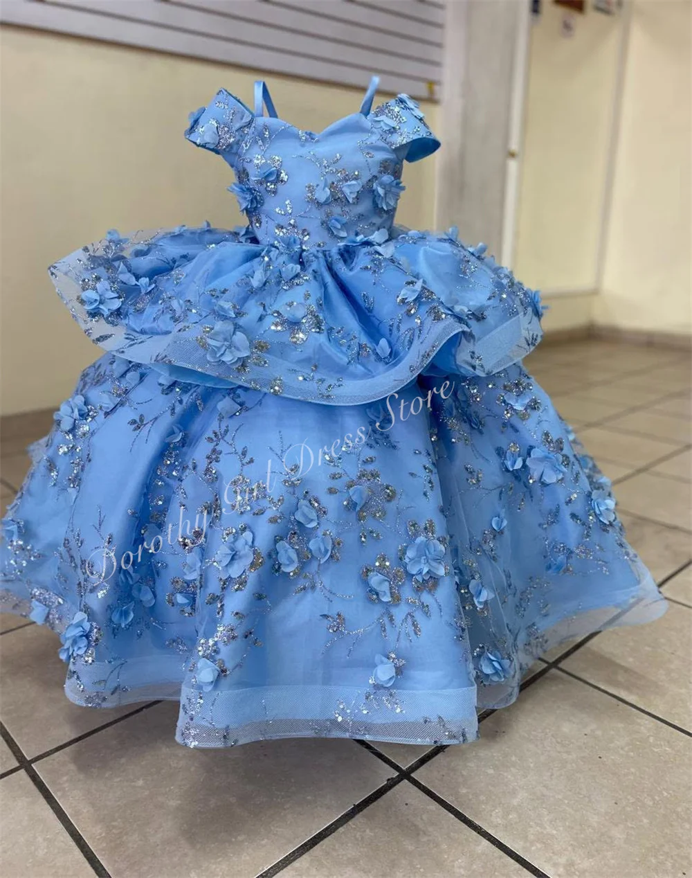 Sky Blue Children's Dress with Flowers and Sequin Embroidery for Girls' Beauty Contests Birthday Parties and Stage Performances