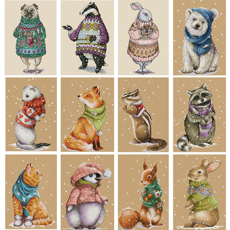 Cartoon Sweater Animal Series Cross Stitch Embroidery Kit Aida 14CT 16CT 11CT Printed Fabric Embroidery Kits DIY Home Decoration