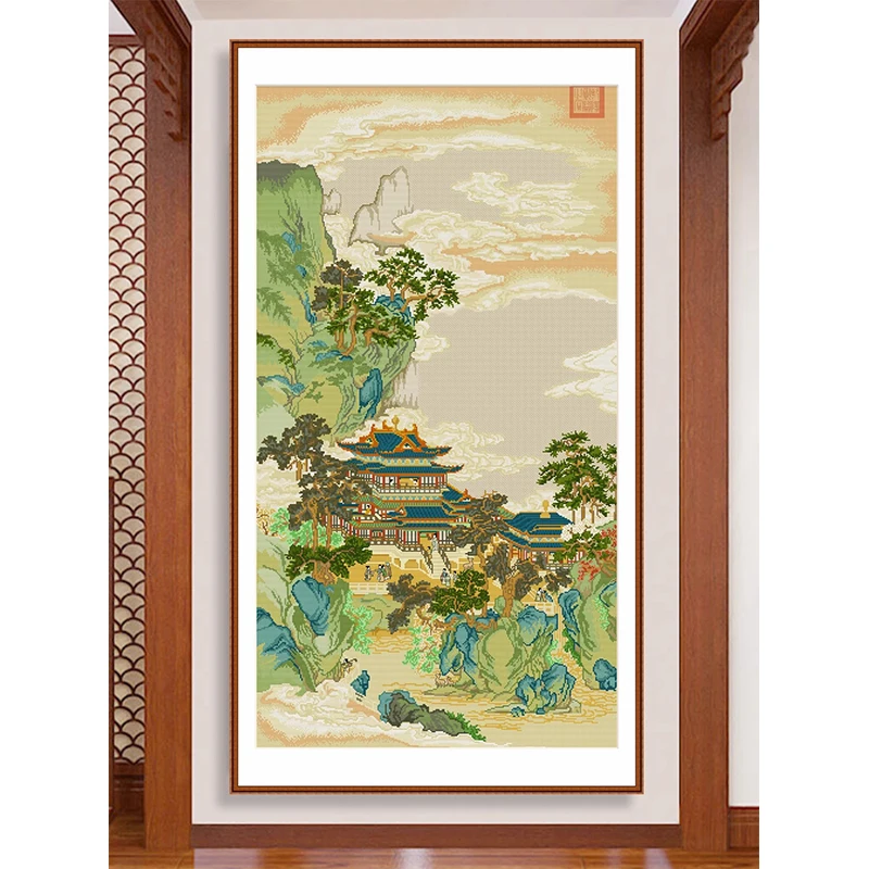 

Printed Cross Stitch Kit, Chinese Classical Landscape Pavilion, Retro Painting, DIY Embroidery, Handmade, Unfinish Decor