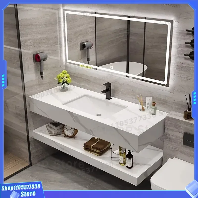Modern Double Layer Bathroom Cabinet With Ceramic Integrated Basin Bright Surface Rock Slab Countertop Washbasin Vanity Unit