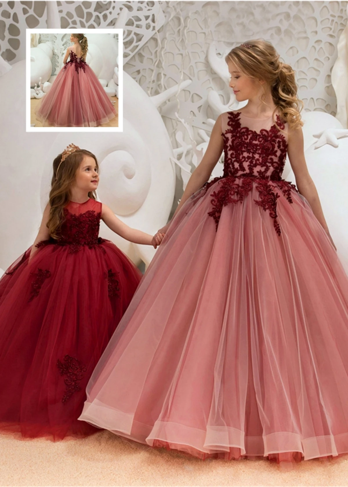 Customised Elegant Pink Flower Girl Dress Princess Ball Classical Sleeveless Tulle Fluffy Lace Printing Kids Birthday Party Gown