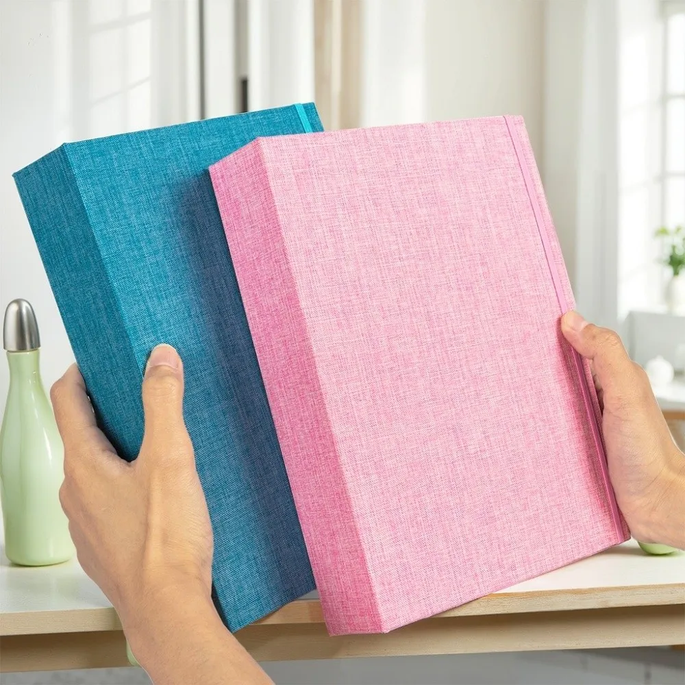 Slip-In Pages Photo Album Linen Cover Elastic Band Closure Picture Album Vintage Plastic Slip-In Pockets Linen Album