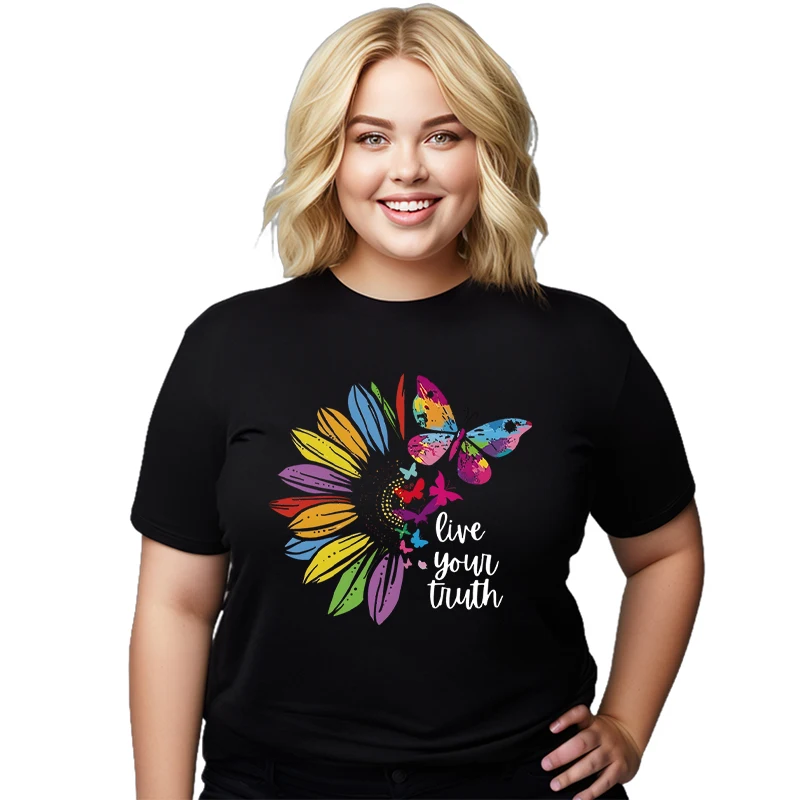 

Butterfly Live Your Truth Print T-Shirts Women Plus Size Short Sleeve Tshirts Funny Round Neck Tee Shirt Casual Summer Tops