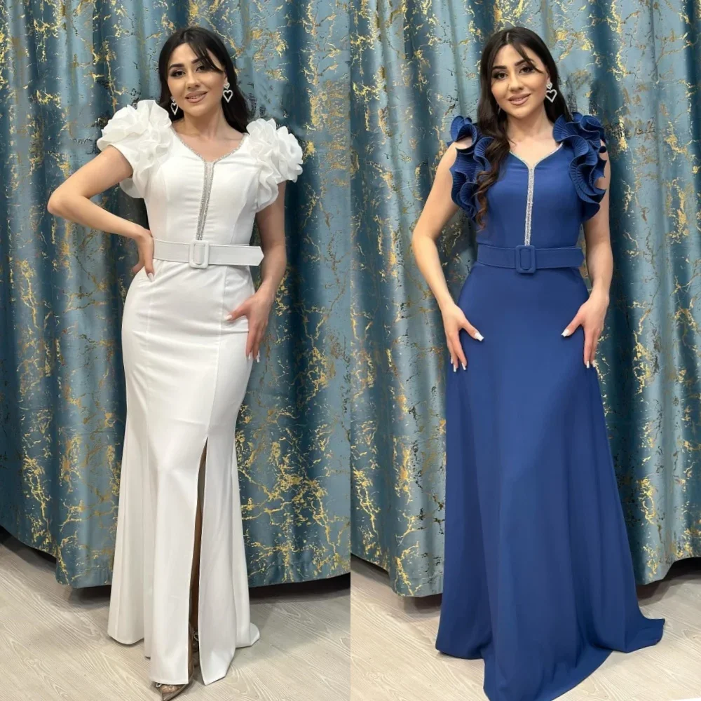 Customized Jersey Sequined Sash Ruched Graduation A-line V-neck Bespoke Occasion Gown Long Dresses