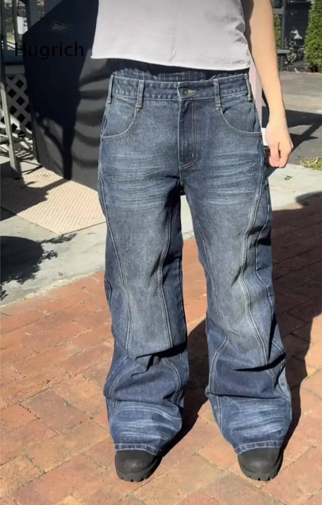 Retro Washed Denim Trousers For Men Wide Leg Cut Eye Catching Stitching Lines Practical Pockets For Daily Casual Street Look
