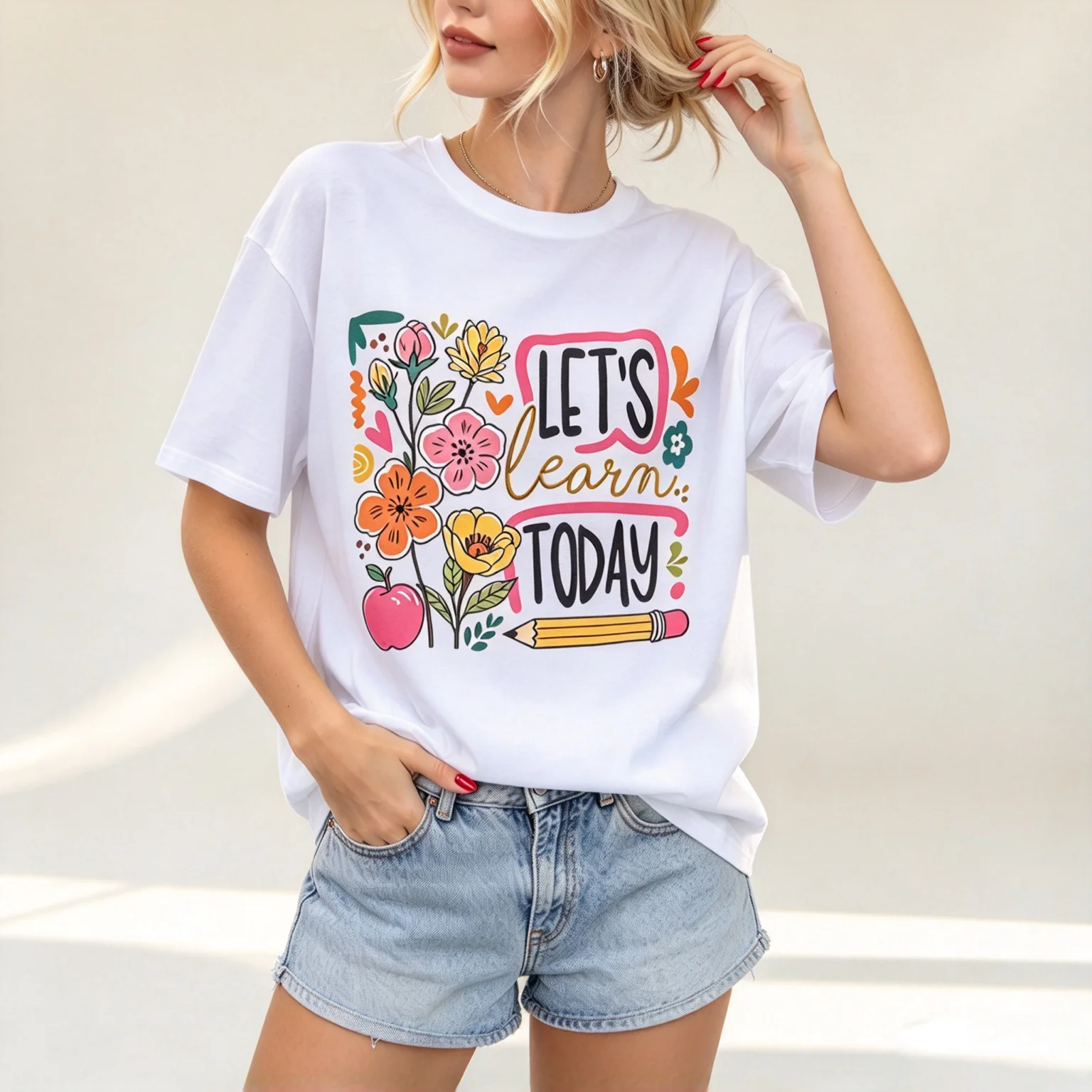 Women T Shirt Lets Learn Today Floral Apple Pencil Print Teacher Gift Short Sleeve Casual Female Tee
