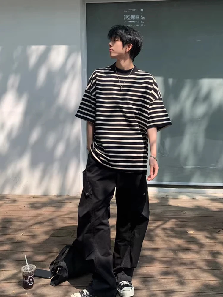 

Heavyweight Bla White Stripes Men's T-irt Summer Loose Svel Retro f Sve ort Sve Couple's Seven Sve