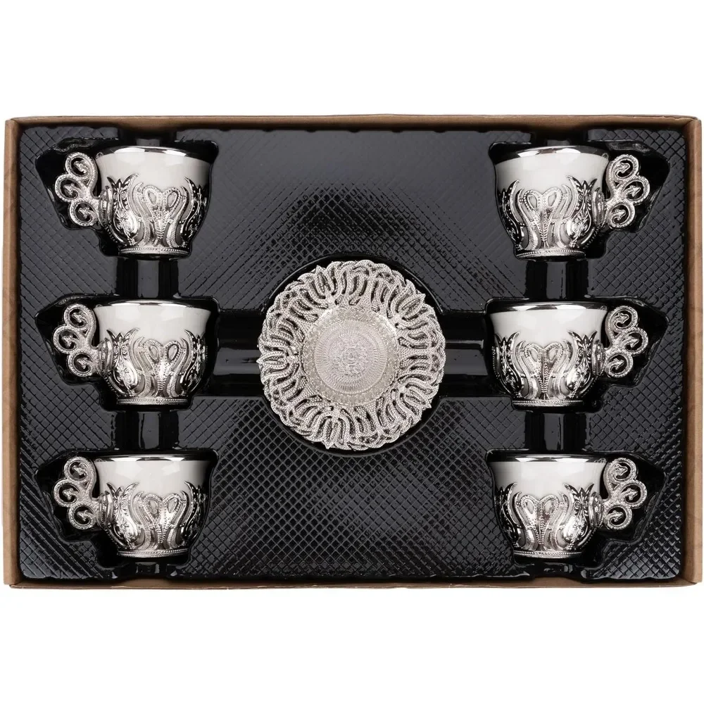 

SAT White Porcelain and Zinc Metal With Turkish Motifs Coffeeware Teaware Turkish Coffee Cup Set 6 Cups and Saucers (Silver) Tea