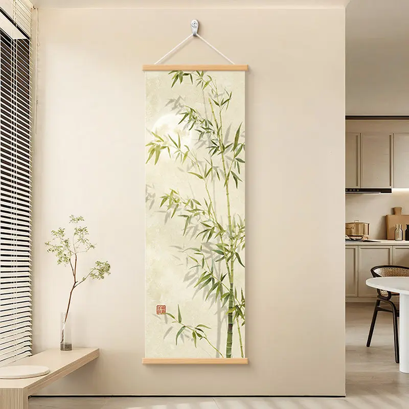 Wall Art Green Bamboo Stems and Tiny Leaves Modern Minimalist Pearlescent Canvas Hanging Scroll with Wooden Rods for Hallway