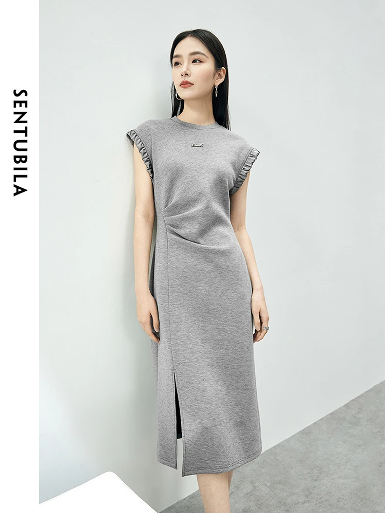 

SENTUBILA Fashion French Style Split Midi Dress 2024 Summer Spliced Letter Sleeveless Round Neck Straight Dresses 142L53553