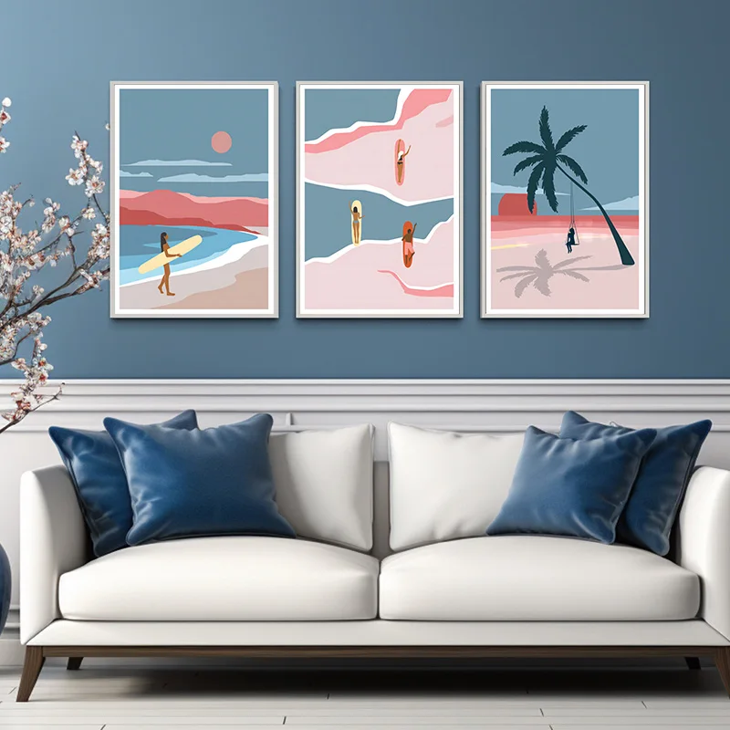 Simple Seaside Beach Scenery Surfing Women Men Surfboard Coconut Trees Poster Canvas Painting Wall Art Pictures Room Home Decor
