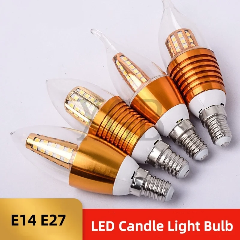 10 шт. светодиодных ламп-свечей E27 E14 9W 12W, золотистые алюминиевые LED-лампы AC 220V, холодный/теплый белый свет, лампады, бомбильи, лампари