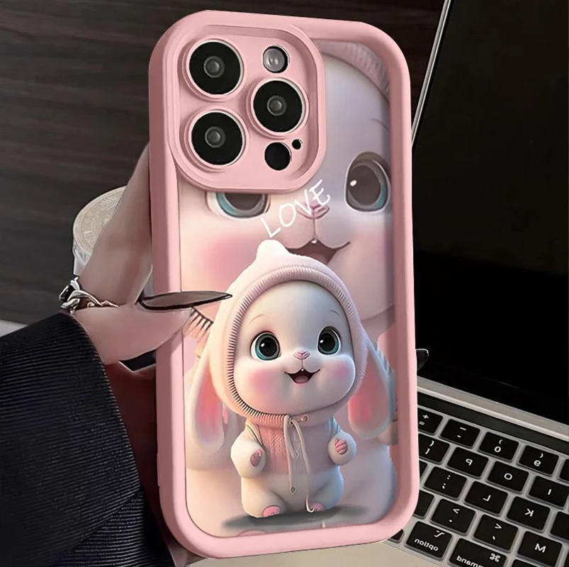 Cute Lovely Pink Rabbit Silicon Case For iPhone 16 15 14 13 12 11 Pro Max Mini XS XR X 8 7 Plus SE2 Shockproof Bumper Back Cover