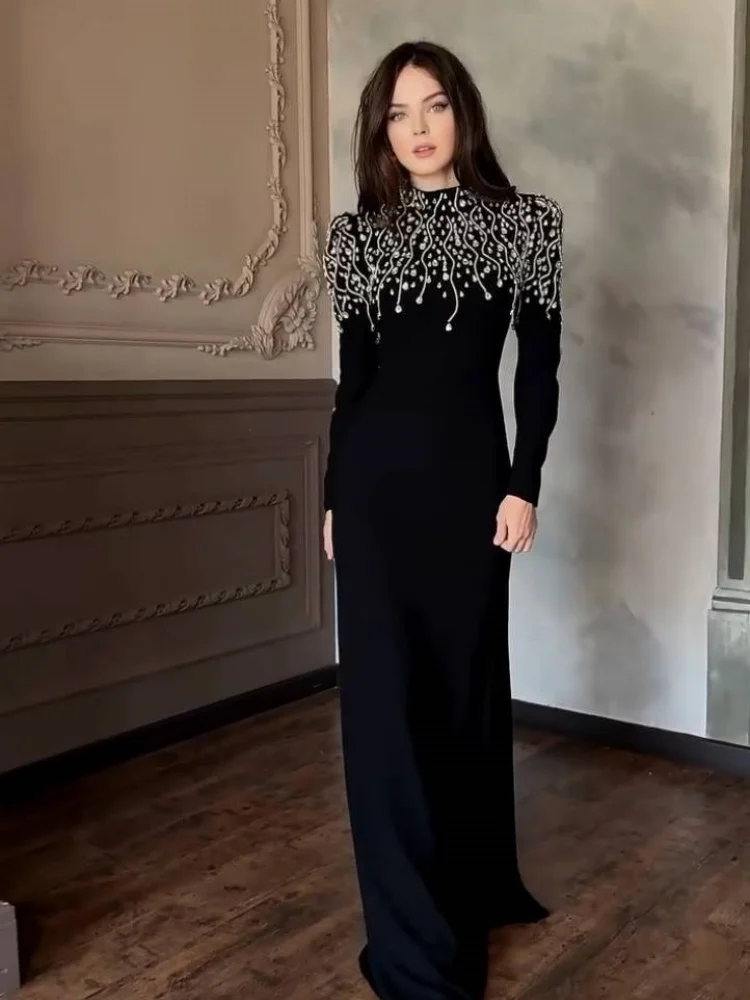 فساتين طويلة مزينة بالألماس الأسود - فستان حورية البحر بأكمام طويلة ورقبة عالية ورقبة دائرية مطرز بالترتر للحفلات الراقصة السعودية للنساء #1