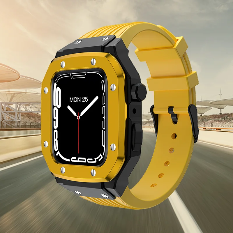 Kit de modificación de lujo para Apple Watch Series 7, 6, 5 SE, funda resistente de 45mm para hombre, cubierta de Metal + correa deportiva de silicona