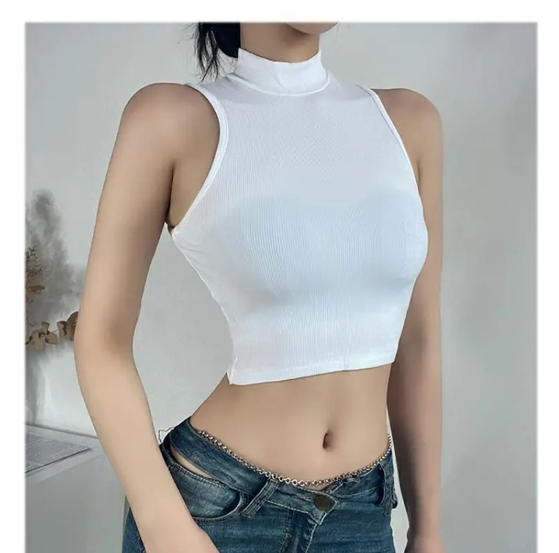 Spring Summer Women Knitted Tank Tops Girl Thin Tops Basic Casual Tank Tops Half high collar Tees Sleeveless Top For Women