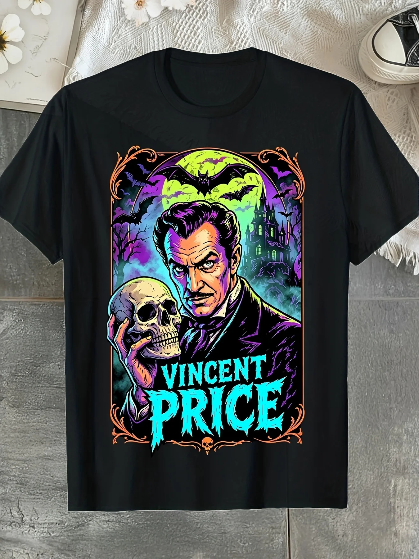 Vincent Price Vintage Horror Movie T-shirt, Gothic Skull Castle Bats Halloween Graphic Tee Retro Classic Horror FilmShort Sleeve