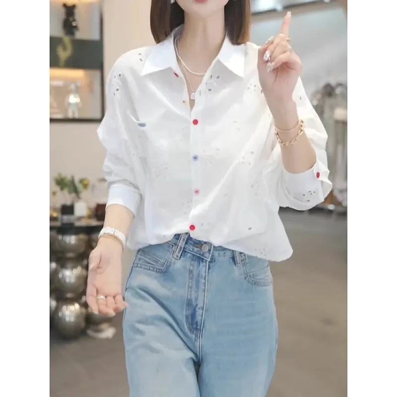 

Spring Lady High-end Lapel Thin Cardigan Blouse French Female Long Sleeves Top Women Fashion Color Buckle Embroidered Shirt Coat