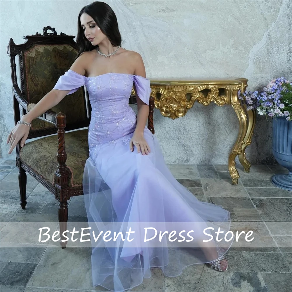 

Customized Bridal Purple Matching Beading Sequined A-line Off-the-shoulder Backless Ankle Length Evening Dresses High Quality