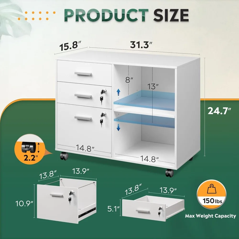 خزانة ملفات متنقلة بقفل خشبي ثلاثي الأدراج مع حامل طابعة وأرفف تخزين مفتوحة للاستخدام المنزلي والمكاتب