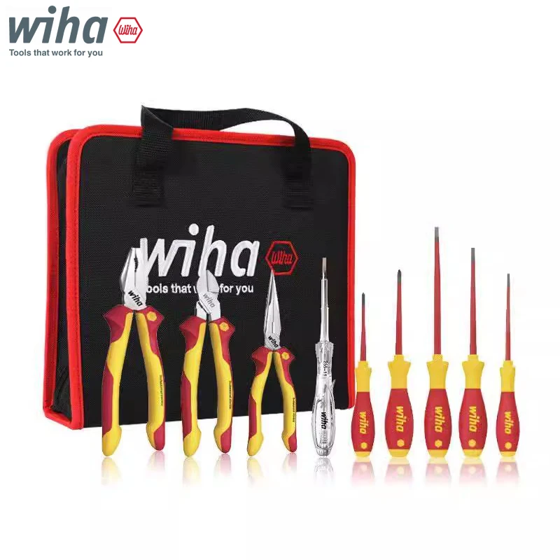 Wiha 90012C Electrician Insulated Pliers Tool Set Steel Wire Diagonal Long  Nose Pliers Screwdriver With Bag