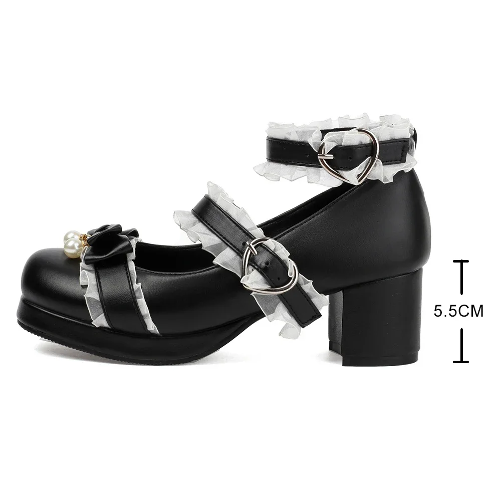 Studenten Lolita Schoenen Platform Mary Janes Gothic Enkelband Ronde Neus Dikke Hak Uniform Jurk Pumps Vrouwen Kanten Strik Hakken