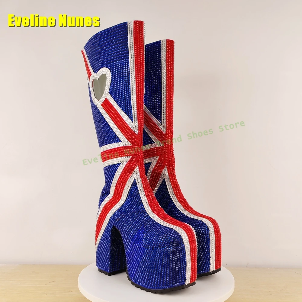 حجر الراين كابوس منصة أحذية الموضة جولة تو سميكة وحيد انتهاء الصلاحية نمط الجوف خارج على شكل قلب حذاء برقبة للركبة 2025 #1