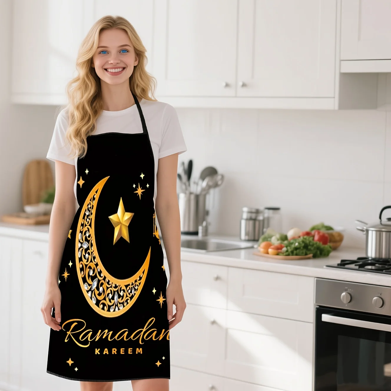 1 Piece Ramadan-Themed Islamic Apron, with a Dreamy Golden Shiny Hollow-Out Crescent and Star Design, Unisex, Perfect for Crafts, Baking, Painting, Kitchen and Household Cleaning, Home Cooking, Chef and Waiter Aprons, Cafe and Barbecue Shop Aprons, 21.7× 28.7inch , Perfect Holiday Gift for Family and Friends