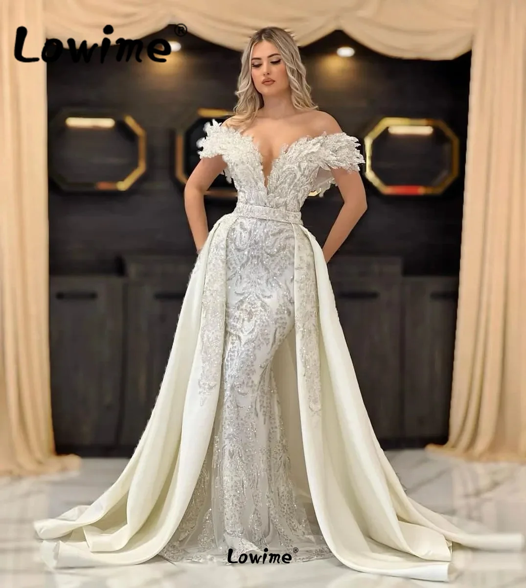 Ivory Tiered Off Shoulder Party Dresses For Weddings Arabic Long Celebrity Dresses Prom Dress Mermaid Beaded Sequin Evening Gown