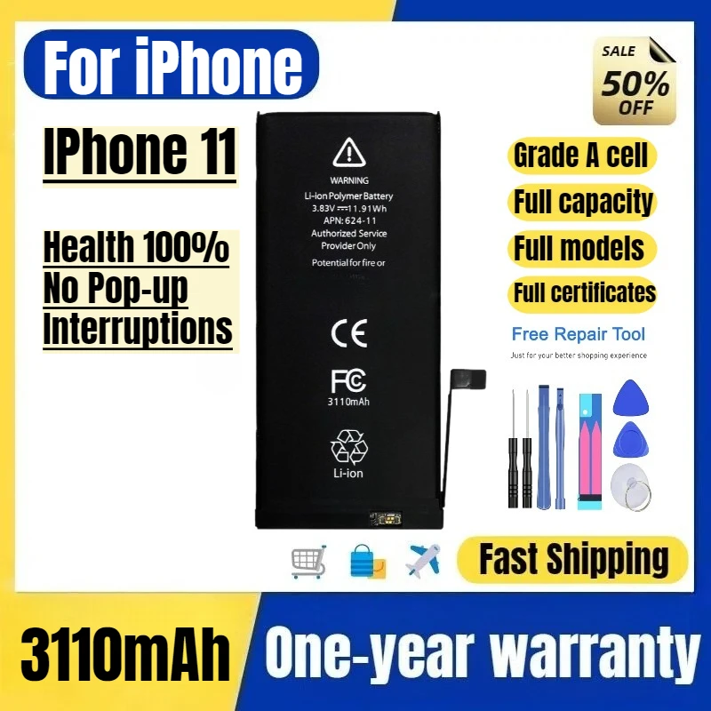 For IPhone11 Mobile Phone Battery Health 100% No Pop-up Interruptions  High Capacity Battery Replacement Bateria Grade A Cell