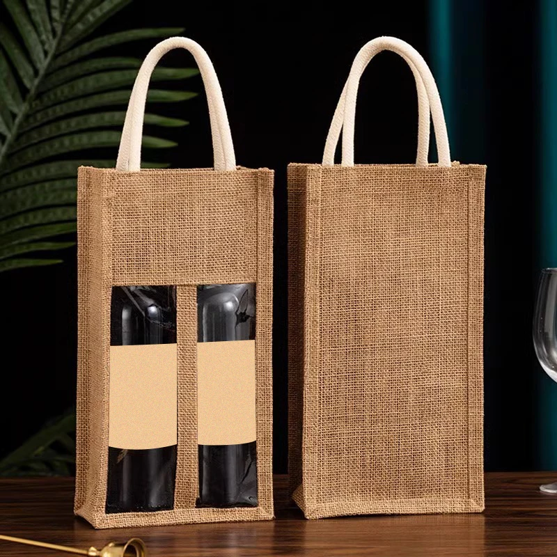 Hot Sale Windowed Burlap Red Wine Gift Bag Linen Tote Single Double Bottle Champagne Package Bags Wedding Favors For Guests