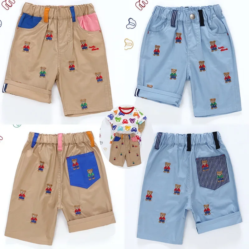 Boy's Pants, Summer Style Cargo Pants, Cartoon Strap, Bear-embroidered Shorts, Five-point Pants