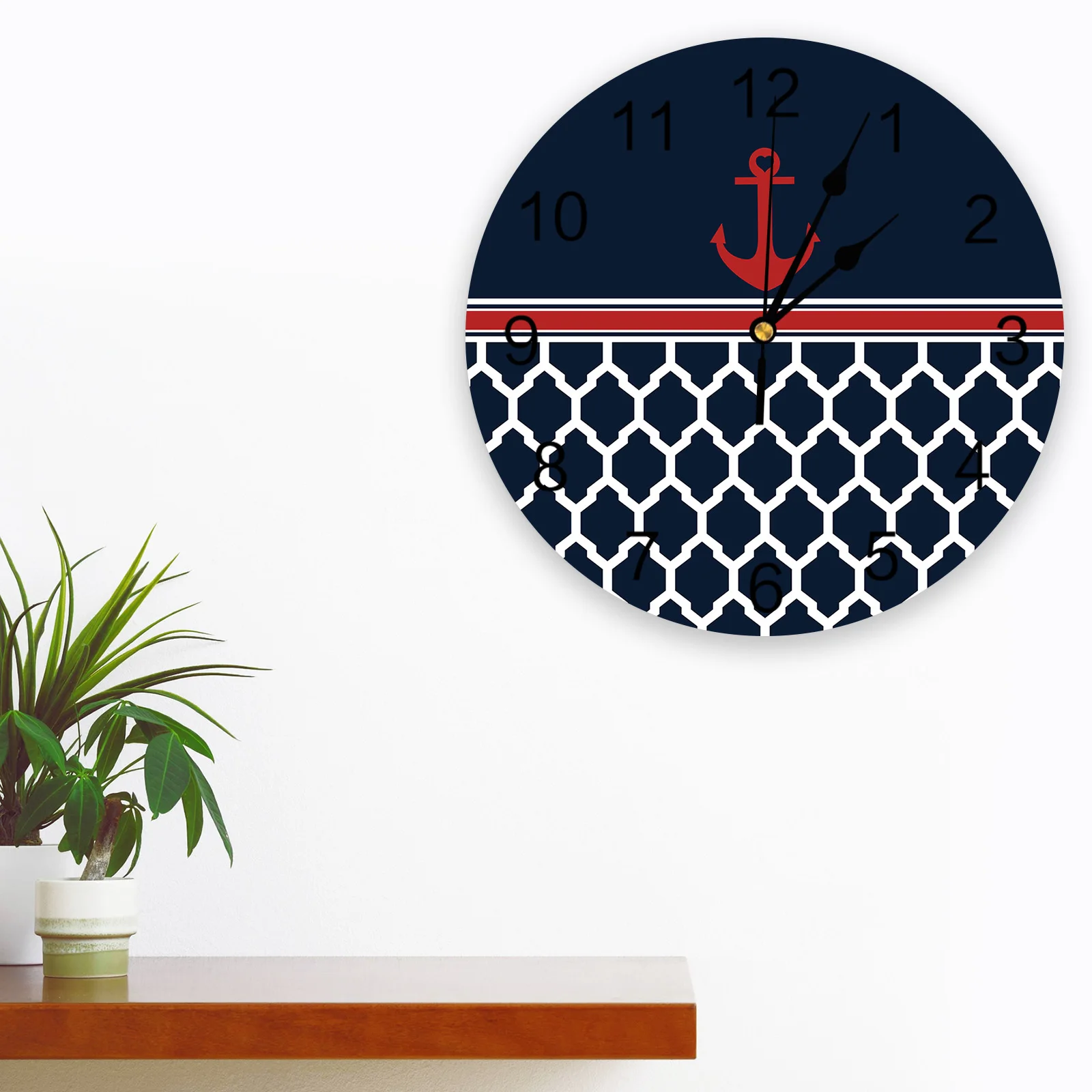 Navy Striped Anchor Wall Clock Silent Digital Clocks for Home Bedroom Kitchen Living Room Decoration