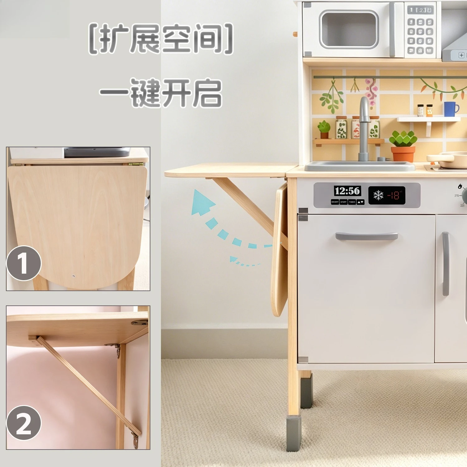 Wooden Kids Play Kitchen Set With Realistic Water Circulation Sink Lights Sounds Stove Folding Design For Girls Boys