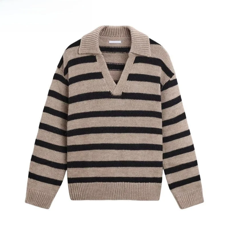

Новый осенне-зимний мужской свободный вязаный длинный свитер све irt в полоску с v-образным вырезом, молодежный слэ ZA2024
