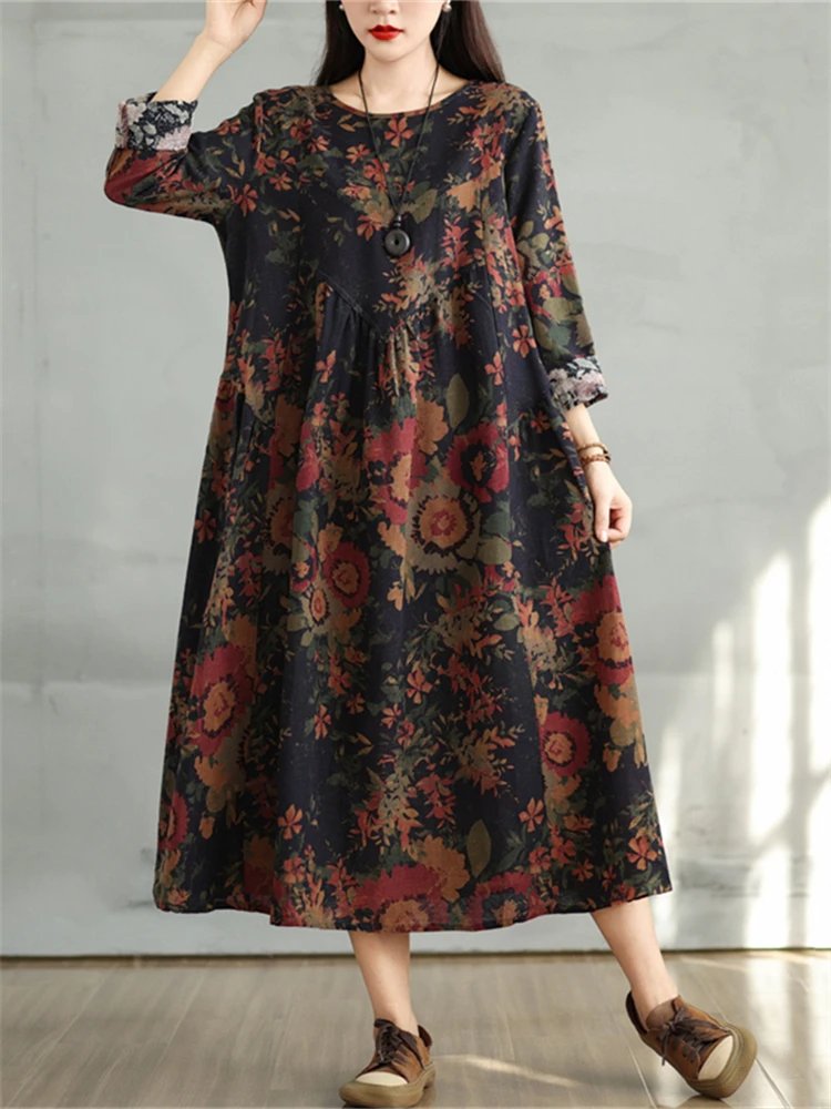 Spring Autumn Cotton Vintage Print Dresses 2024 Women Casual Loose Long Sleeve Dress Femme Robe Vestidos Elegant Fashion Clothes