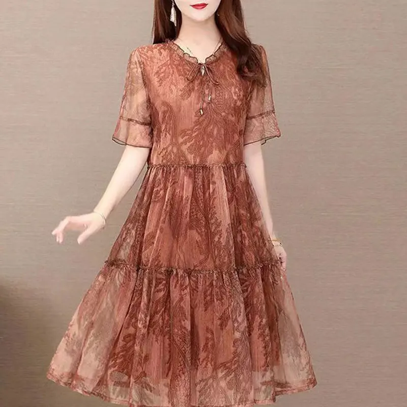 Vintage Printed Gauze Spliced Dresses Casual Drawstring Summer O-Neck Ruffles Female Clothing Fashion Short Sleeve Midi Dress