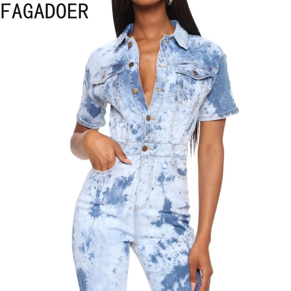 

FAGADOER Fashion Tie Dye Print Jeans Bodycon Jumpsuits Women Turndown Collar Button Short Sleeve Playsuits Female Denim Overalls