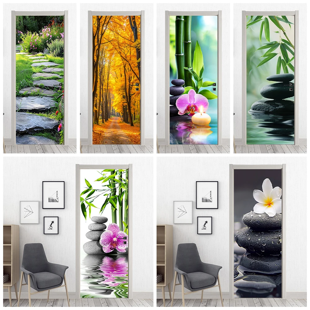 

Bamboo Phalaenopsis Zen Art Mural Door Sticker Wallpaper Peel and Stick Home Decorations Stone Flowers Door Wrap Cover Decals